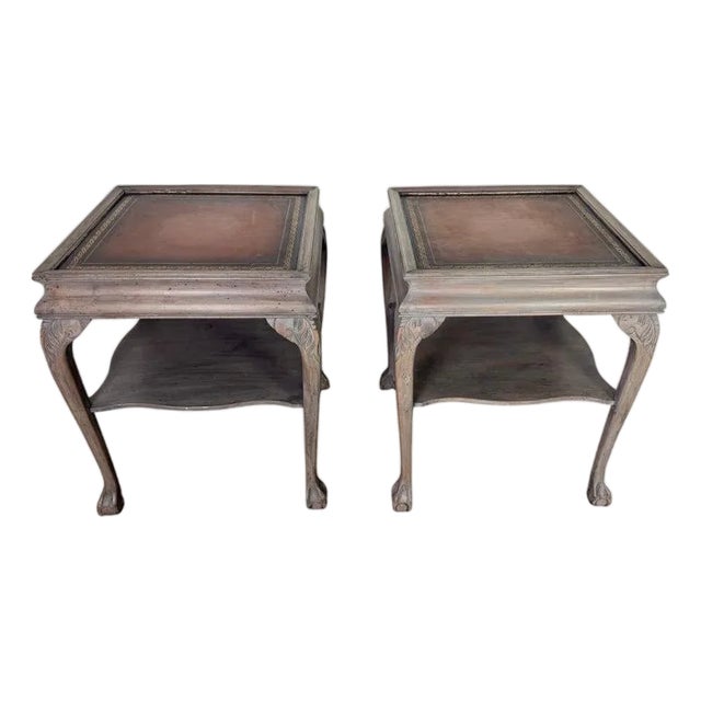 Pair of Distressed English Chippendale End Tables, Leather Tops, 1930s For Sale