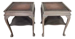 Pair of Distressed English Chippendale End Tables, Leather Tops, 1930s