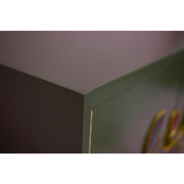 Textile Hand Crafted Two Door Chest in Olive With Egyptian Horus Falcon Detail For Sale - Image 7 of 13