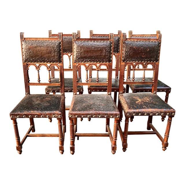 Set of 6 Antique Late 1800s French Henri II Walnut Dining Chairs With Leather Upholstery For Sale