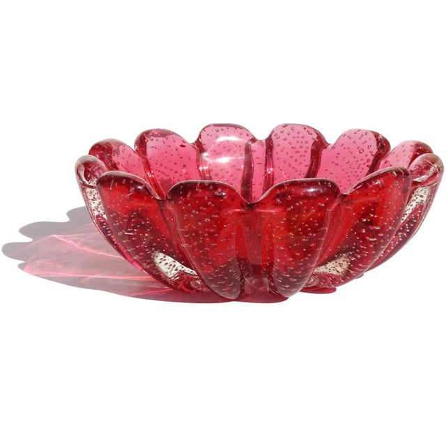 Beautiful vintage Murano hand blown Sommerso cranberry red color and controlled bubbles Italian art glass decorative bowl....