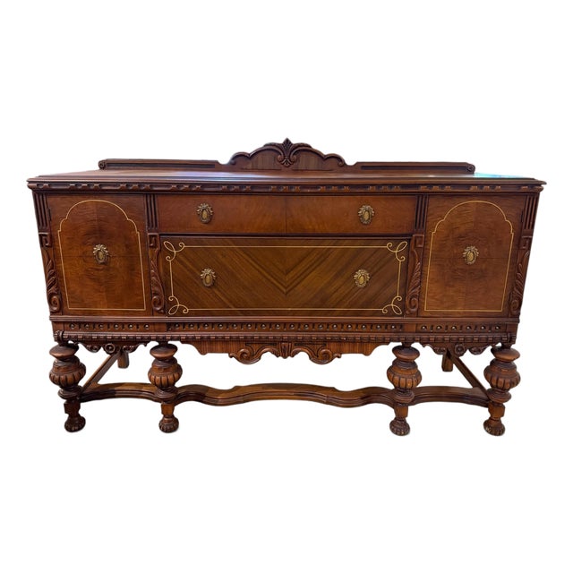 Antique Jacobean Revival Mahogany Sideboard With Chevron Inlay For Sale