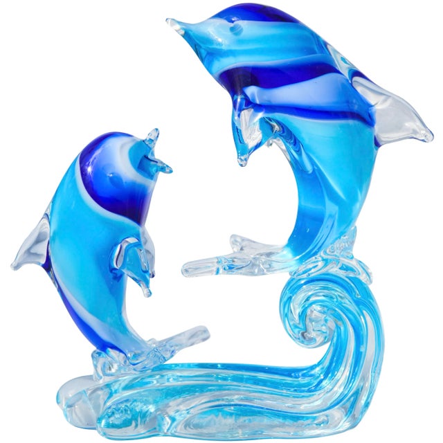 イタリア製 ゴルフ アート ART 2点 蚤の市 ヴィンテージ Italy Vintage Blue Murano Dolphins-On-Wave Italian Art Glass