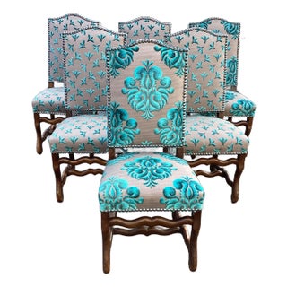 French Tall-Back Dining Chairs W/Grey & Turquoise Linen New Upholstery For Sale
