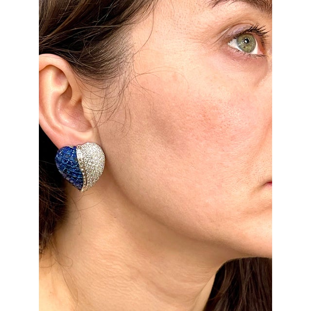 Blue Invisible Mystery Set Sapphire and Diamond Cocktail Earring 18 Karat Gold For Sale - Image 8 of 18