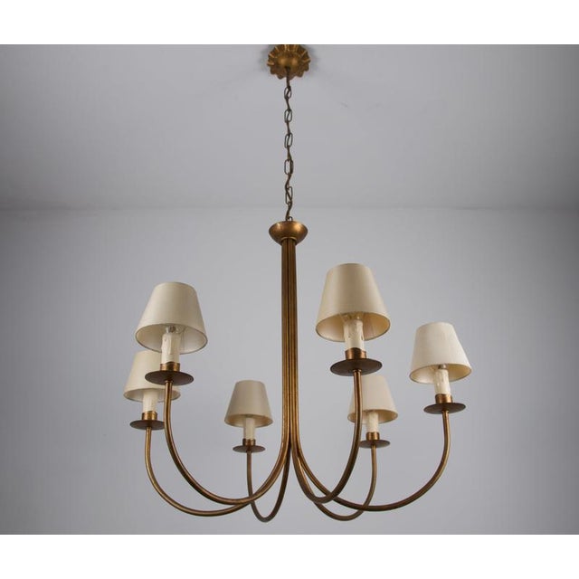 Large Brass Six-Arm Chandelier with Fabric Shades, Germany, 1970s For Sale - Image 6 of 10