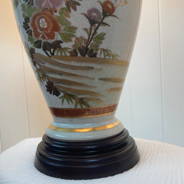 Vintage 35" Japanese Satsuma Style Ceramic and Brass Table Lamp With Tailor Made Shade For Sale - Image 9 of 12