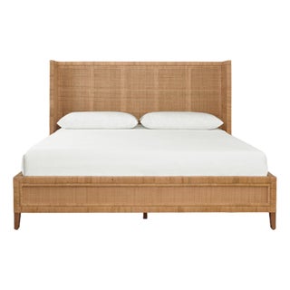 Matthew Izzo Home Dolly King Size Winged Rattan Bed Frane in Radio Weave Wrapped Rattan For Sale