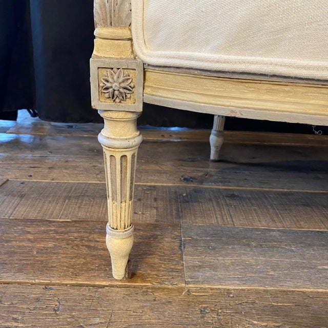 19th Century Louis XVI Painted Carved Wood & Newly Upholstered Sofa For Sale In Portland, ME - Image 6 of 10