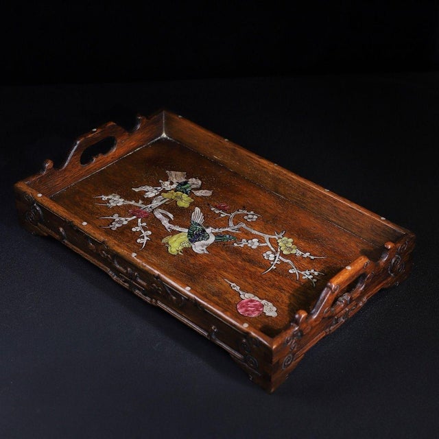 Vintage Hardwood Tray With Mother-of-Pearl Bird and Floral Inlay For Sale - Image 4 of 9