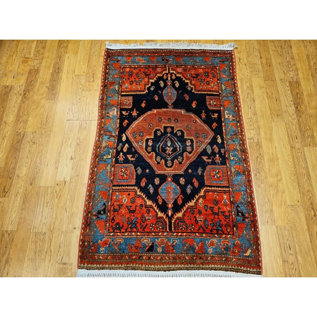 Navy Blue Vintage Persian Malayer Tribal Area Rug, Hand-Knotted Wool, Geometric Pattern, 4x6, Terracotta & Blue For Sale - Image 8 of 16