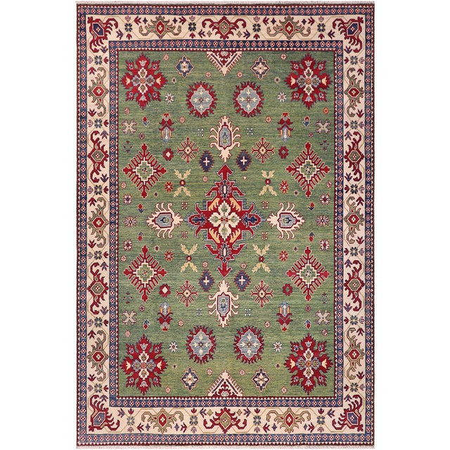 Green Boho Chic Kazak Light Green/Beige Wool Rug - 8'3''x9'5'' For Sale - Image 8 of 10