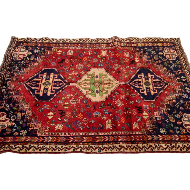 Handmade Red Vintage Shiraz Wool Rug With Tribal Design For Sale In New York - Image 6 of 7