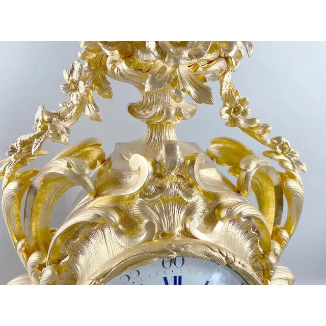 Bronze 1840's French Louis XV Antique Clock Set of Bronze With Original Gold Leaf Finish For Sale - Image 8 of 13