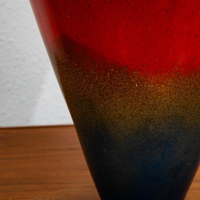 Mid Century Modern Studio Glass Vase Blue Red and Yellow 70s Handblown Flower Vase For Sale - Image 10 of 12