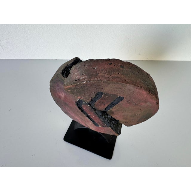 1980s Vintage Handmade Brutalist Abstract Pottery Sculpture on Metal Stand, Signed For Sale - Image 9 of 9