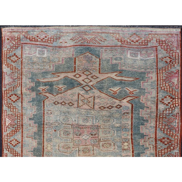 Measures:4'6 x 5'10 Persian Kurdish Antique Rug with Tribal Design in Light Blue, Teal, Taupe & Red Antique Kurdish rug...