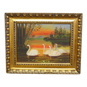 19th Century Painting With Swans on a Lake at Sunset