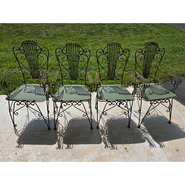 Vintage Neoclassical Style Green Wrought Iron Lyre Harp Garden Chairs - Set of 4 For Sale - Image 11 of 12