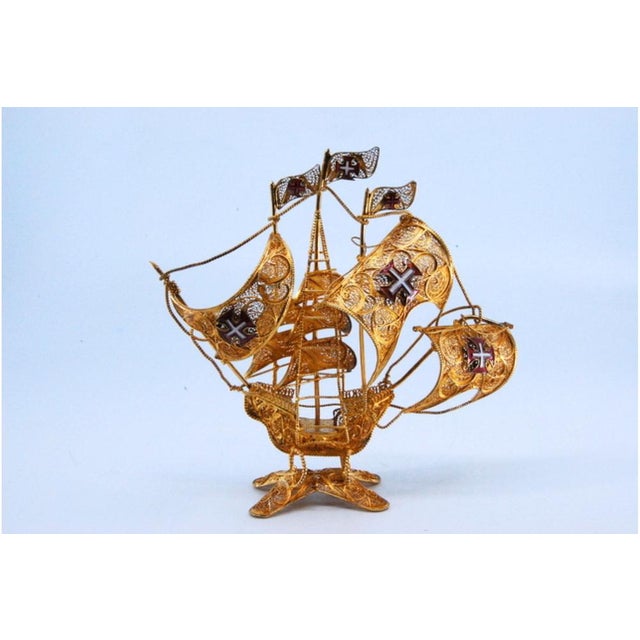 Silver Filigree Caravel with Enameled Crosses on the Sails and Mast For Sale - Image 9 of 10