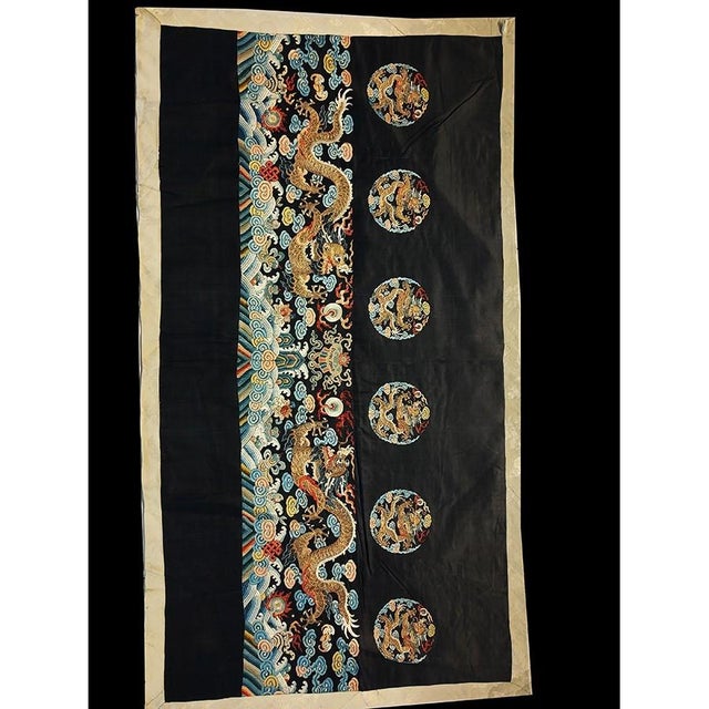 Antique Chinese - Textile Small Scatter Size Silk & Metallic Thread Black Rug For Sale - Image 4 of 9