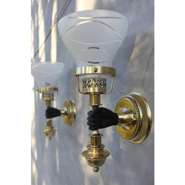 Wood Brass Wall Light attributed to John Devoluy, 1950s, Set of 3 For Sale - Image 7 of 10