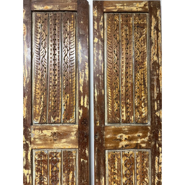 Mid Century Spnaish Style Carved Wood Double Doors With Brass Studs 80 For Sale - Image 4 of 7