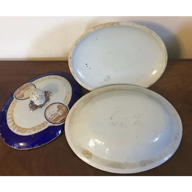 Antique early 19th c. Chinese export porcelain entree serving dish decorated with hand painted sepia landscapes and a...