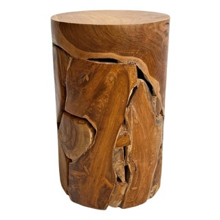 Teak Root Cylinder End Side Table For Sale
