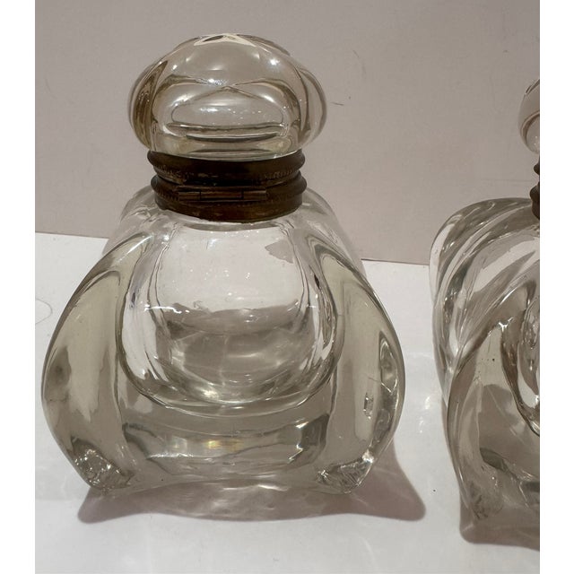 Late 19th Century Pair of Vintage Clear Glass Ink Bottles Art Deco Style Brass Collars 1930s Desk For Sale - Image 5 of 8
