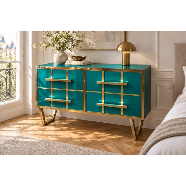 Italian Aqua Blue Murano Glass and Brass Four-Drawer Chest from Justfurnituress SRL For Sale - Image 6 of 9