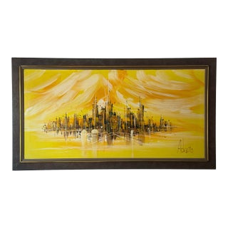 Large Original Mid Century Modern Skyline Framed Artwork Signed For Sale