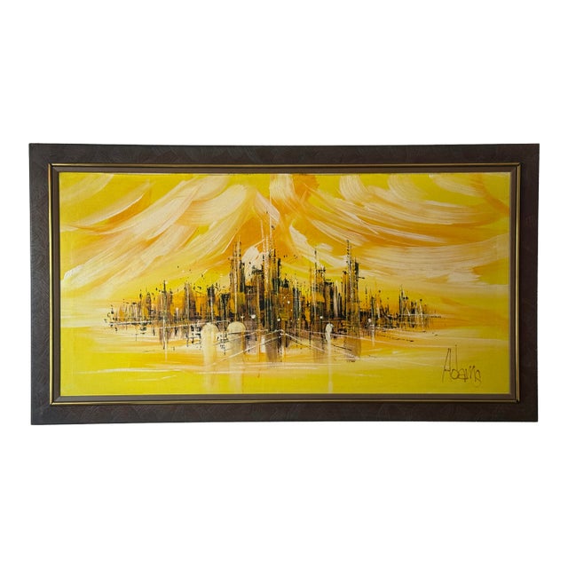 Large Original Mid Century Modern Skyline Framed Artwork Signed For Sale
