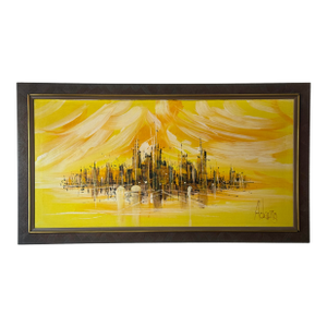 Large Original Mid Century Modern Skyline Framed Artwork Signed
