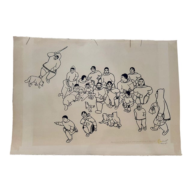 Hannah Kigusiuq Inuit Cape Dorset Stencil Print Gathering for Feast 1978 Signed For Sale