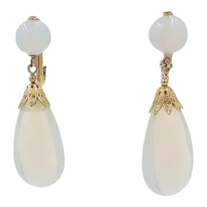 Vintage 1960s Signed Napier Faux-Moonstone Rhinestone Drop Clip Earrings - 2 Pieces