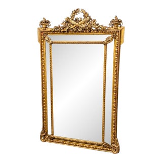 Fine Quality 1870s Era Genuine Gold Leaf Carved Walnut Tall Wall Mirror For Sale