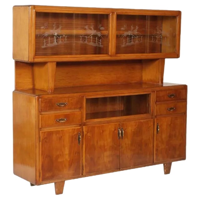 Art Deco Italian Walnut Sideboard with Display Cabinet, 1940s For Sale