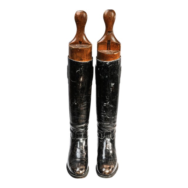 Stately Antique English Black Leather Horse Riding Boots With Wood Trees Equestrian Country Home Decor For Sale