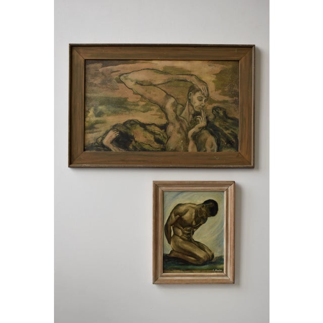 Vintage Art Deco Style Kneeling Male Nude Oil on Board Painting, Circa Mid 20th Century. This work centers a muscular,...