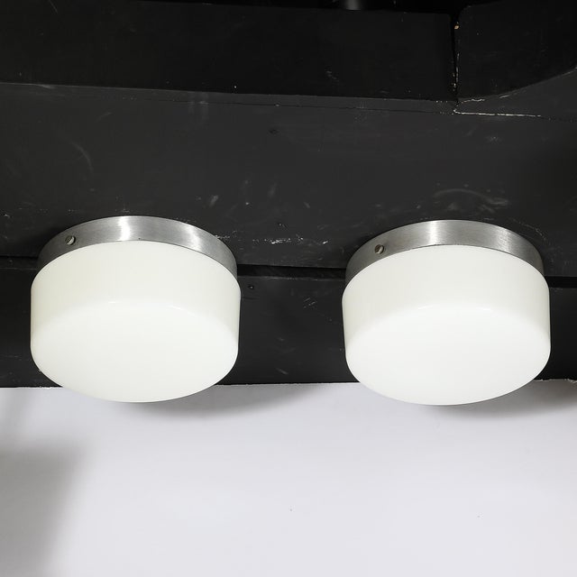 1950s Pair of Mid-Century Cylindrical Milk Glass Flush Mounts W/ Brushed Aluminum For Sale - Image 5 of 14