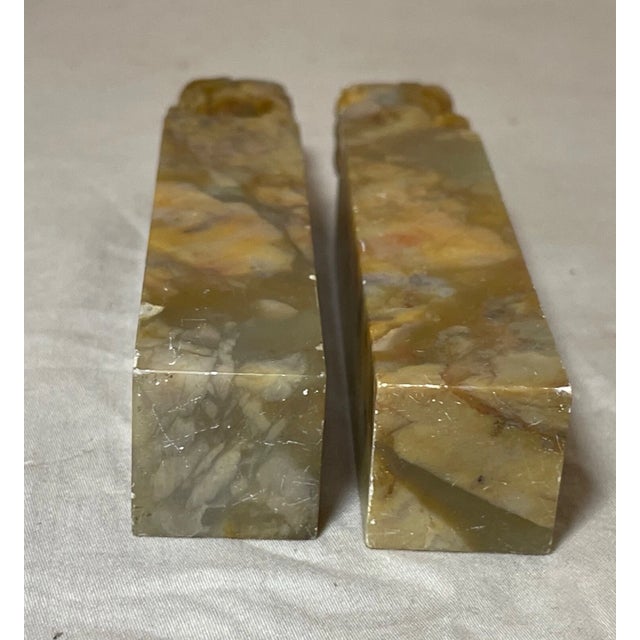 Pair Antique Hand Carved Chinese Hard Stone Chop Seal Block Foo Lion Sculpture For Sale - Image 10 of 13