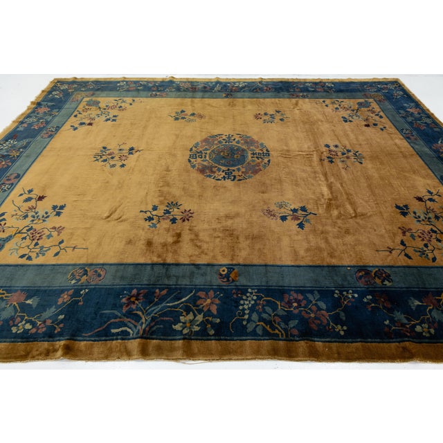Teal Antique Chinese Art Deco Wool Rug With Medallion and Indigo Floral Borders 9x11 For Sale - Image 8 of 10