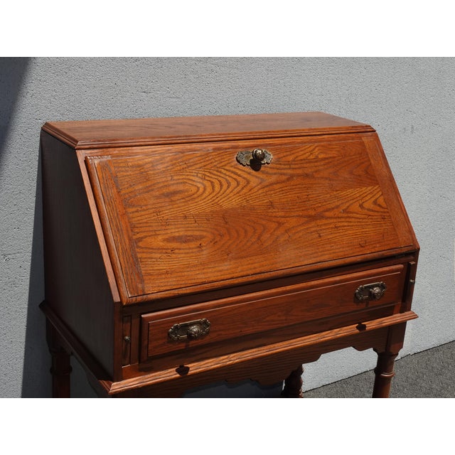 Lh25 Vintage French Country Drop Leaf Secretary Desk Solid Oak For Sale - Image 10 of 12