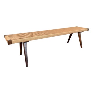 Mid-Century Modern Style Hand-Woven Rope Weave and Walnut Bench For Sale