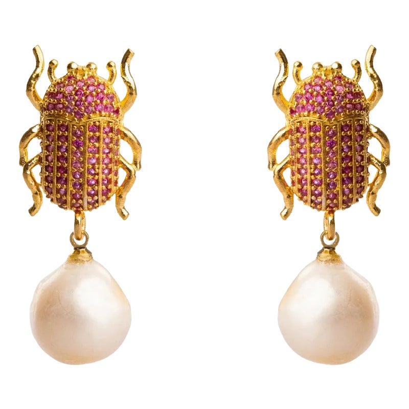 Egyptian Scarab Ruby & Pearl Dangle Mystic Earrings, 2 Pieces