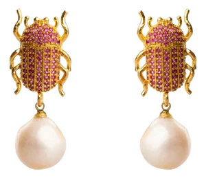Egyptian Scarab Ruby & Pearl Dangle Mystic Earrings, 2 Pieces