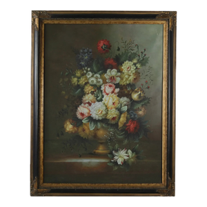 Large Framed Vintage Romantic Floral Still Life Oil Painting