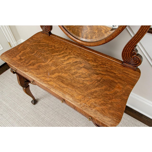 Wood Antique Oak Dressing Table With Large Oval Vanity Mirror For Sale - Image 7 of 13