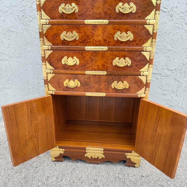 Vintage Chinese Brass and Burlwood Lingerie Armoire For Sale - Image 9 of 10